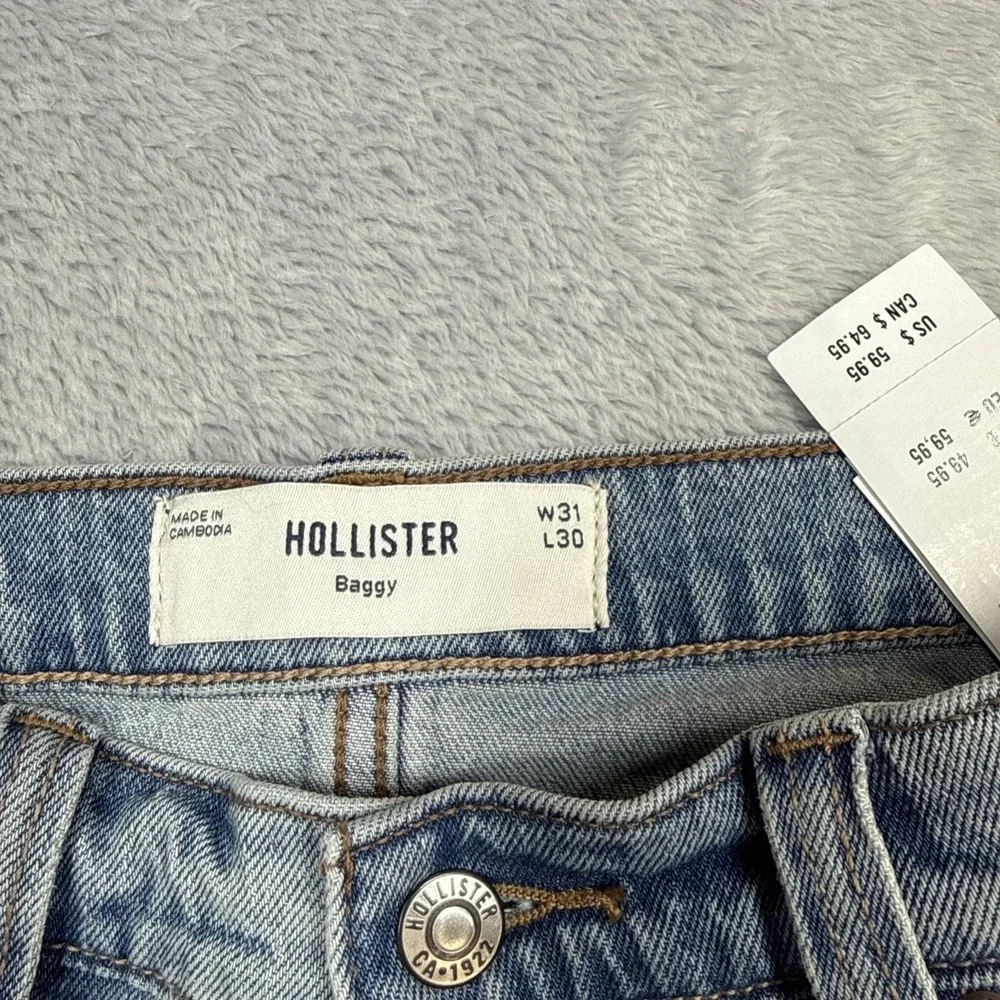 Hollister Baggy Jeans Men 31X30 (Fits 32X28) Blue Stretch Spider Embroidery